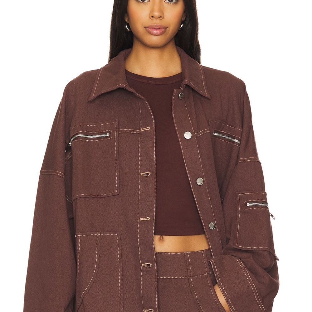 Women’s Brown Utility Jacket with Zip Pocket Details